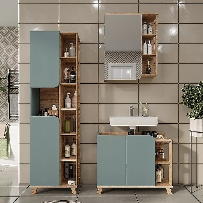 Vicco Badmöbel-Set Karen Sonoma/Blau 3 Teile - Sonoma, Matt - Modernes Badezimmermöbel-Set mit hellen Holzrahmen und salbeigrünen Paneelen, bestehend aus Hochschrank, Waschtisch und Spiegelschrank.