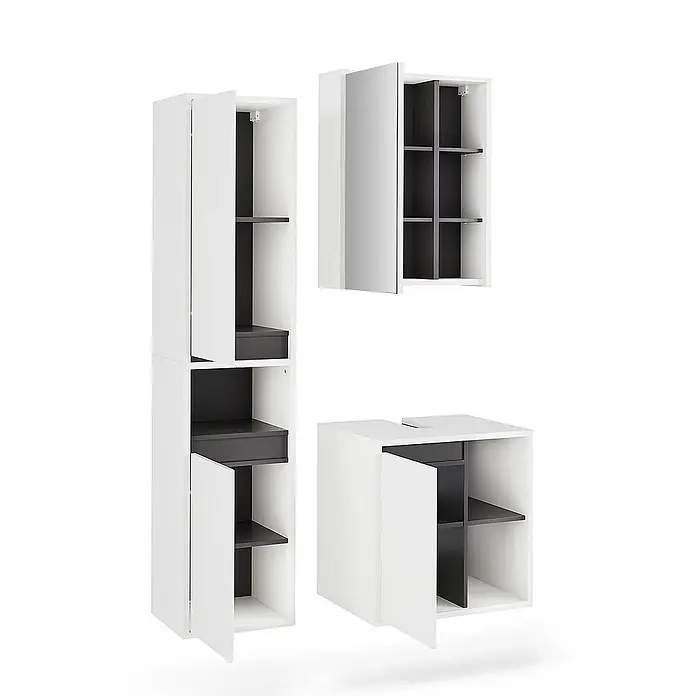 Vicco Badmöbel-Set Viola Weiß/Grau 3 Teile - Weiß, Matt - Modulares weißes Schranksystem mit dunkelgrauen Innenteilen, Türen und Ablagen für vielseitige Aufbewahrung.