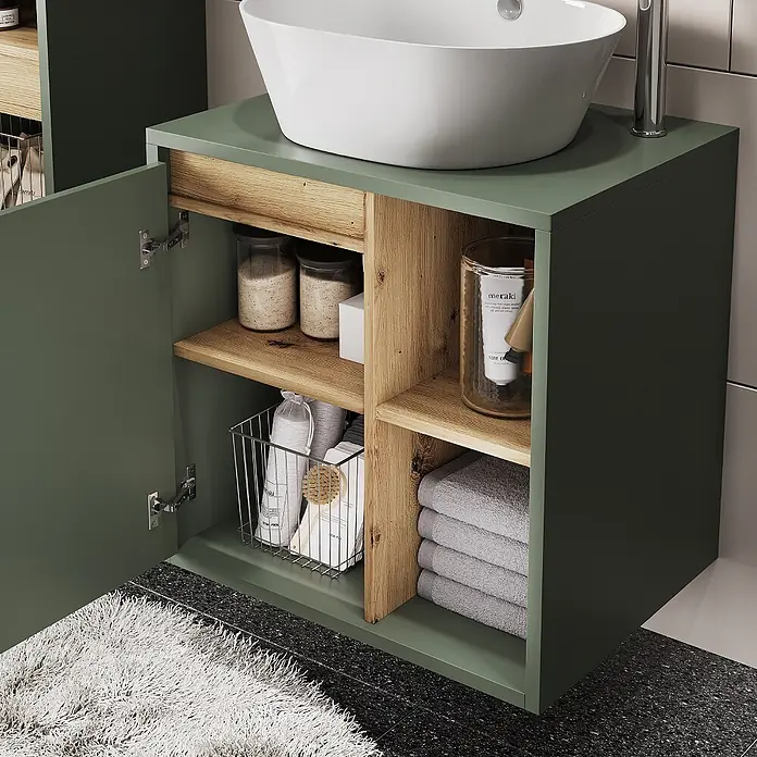 Vicco Badmöbel-Set Viola Grün/Artisan 3 Teile - Grün, Matt - Moderner grüner Badezimmerschrank mit weißem Waschbecken und Naturholzregalen, bietet organisierten Stauraum für Badutensilien.