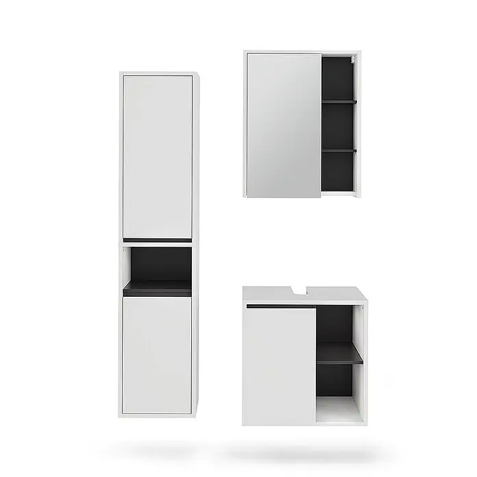 Vicco Badmöbel-Set Viola Weiß/Grau 3 Teile - Weiß, Matt - Weiße und schwarze modulare Badmöbel: Hochschrank, Spiegelschrank und Waschtischunterschrank mit Schiebetüren und offenen Regalen.