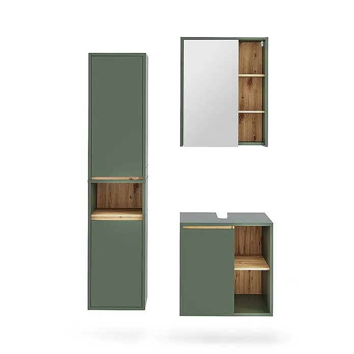 Vicco Badmöbel-Set Viola Grün/Artisan 3 Teile - Grün, Matt - Mattgrünes Badmöbelset mit Holzregalen: Hochschrank, Spiegelschrank und Waschtischunterschrank.