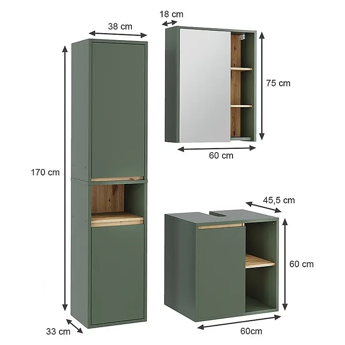 Vicco Badmöbel-Set Viola Grün/Artisan 3 Teile - Grün, Matt - Set aus drei dunkelgrünen Badschränken mit Holzdetails: Hochschrank, Spiegelschrank und Waschtischunterschrank.