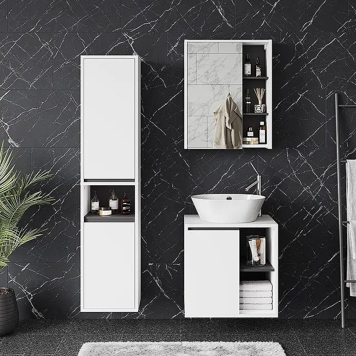 Vicco Badmöbel-Set Viola Weiß/Grau 3 Teile - Weiß, Matt - Weißes Badmöbel-Set mit Keramikwaschbecken, Spiegelschrank und hohen Schränken, teils mit offenen Fächern.
