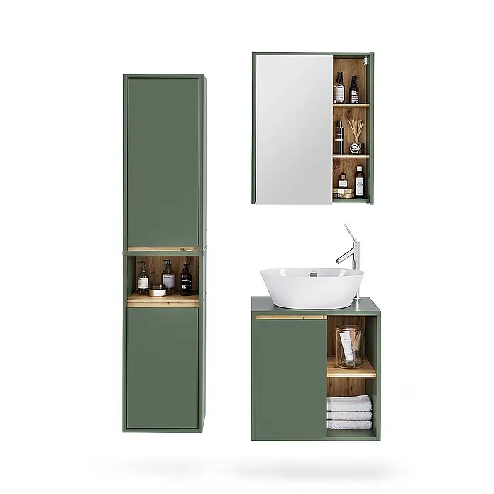 Vicco Badmöbel-Set Viola Grün/Artisan 3 Teile - Grün, Matt - Grünes und Holz-Badezimmermöbelset mit Hochschrank, Waschtisch mit Waschbecken und Spiegelschrank.