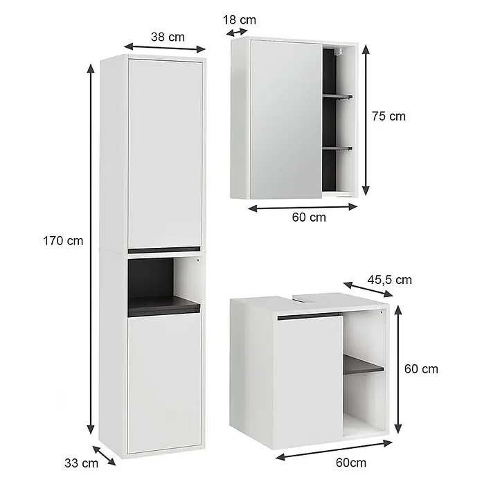 Vicco Badmöbel-Set Viola Weiß/Grau 3 Teile - Weiß, Matt - Set aus drei weißen und dunkelgrauen Badschränken: Hochschrank, Spiegelschrank und Waschbeckenunterschrank.
