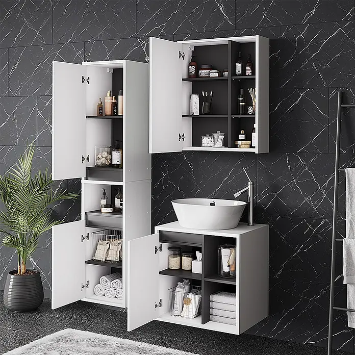 Vicco Badmöbel-Set Viola Weiß/Grau 3 Teile - Weiß, Matt - Weiß-dunkelgraues Badezimmermöbelset mit integriertem Waschbecken, Unterschrank und hohen Lagerschränken.