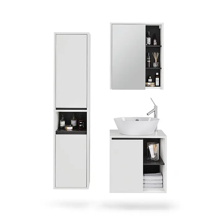 Vicco Badmöbel-Set Viola Weiß/Grau 3 Teile - Weiß, Matt - Moderner Badmöbelset in Weiß und Dunkelgrau mit Hochschrank, Spiegelschrank und Waschtischunterschrank mit Aufsatzwaschbecken und Armatur.