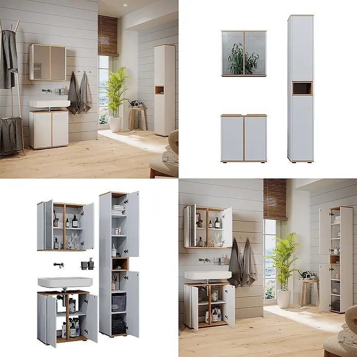 Vicco Badmöbel-Set Didi Weiß/Artisan 3 Teile mit Hochschrank - Gesamtbreite Badmöbel: 90 cm, Weiß, Matt - Weiß-holzfarbenes Badmöbel-Set mit Waschbecken-, Spiegel- und Hochschrank. Offen gezeigt für Stauraumansichten.