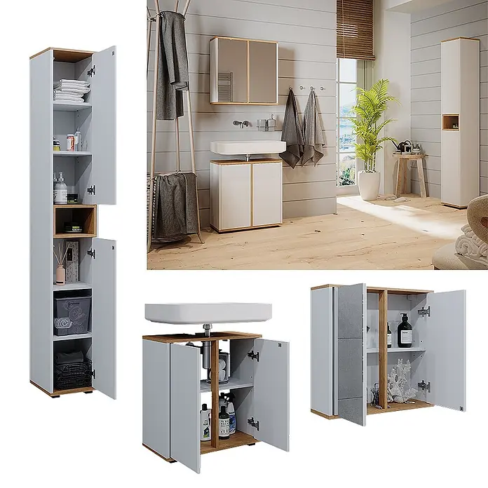 Vicco Badmöbel-Set Didi Weiß/Artisan 3 Teile mit Hochschrank - Gesamtbreite Badmöbel: 90 cm, Weiß, Matt - Modernes Badmöbel-Set: hellgraue Schränke mit Holzdetails, bestehend aus Hochschrank, Waschtischunterschrank und Hängeschrank.