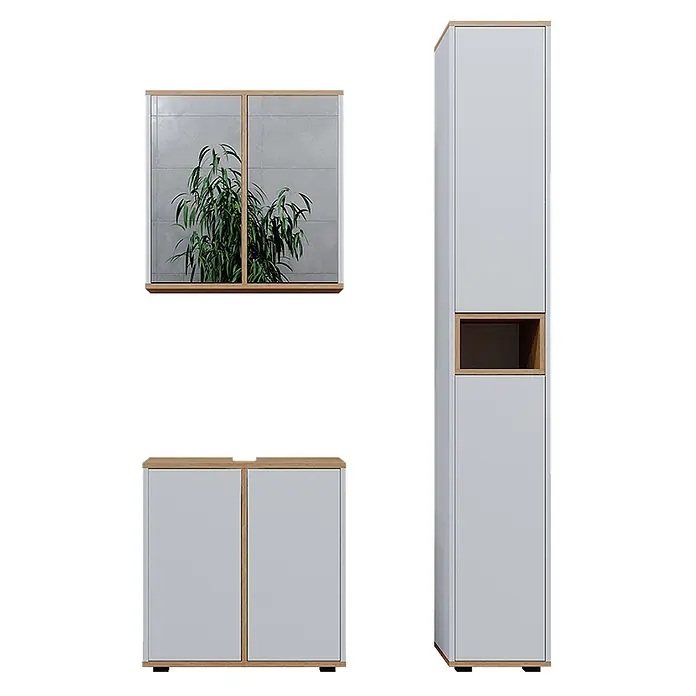 Vicco Badmöbel-Set Didi Weiß/Artisan 3 Teile mit Hochschrank - Gesamtbreite Badmöbel: 90 cm, Weiß, Matt - Badezimmermöbel-Set: hellgraue Schränke mit hellen Holzakzenten; Spiegelschrank, Hochschrank und Unterschrank.