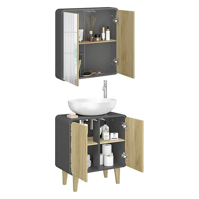 Vicco Badmöbel-Set Arla, Anthrazit/Eiche 60 cm -  - Zweiteiliges dunkelgraues Badmöbelset mit abgerundeten Ecken und hellen Holztüren, bestehend aus Spiegelschrank und Waschtischunterschrank.