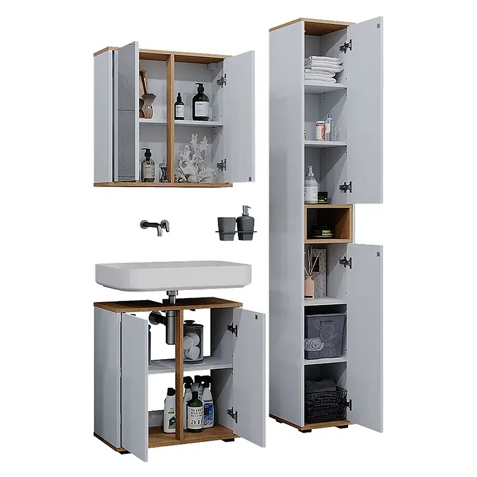 Vicco Badmöbel-Set Didi Weiß/Artisan 3 Teile mit Hochschrank - Gesamtbreite Badmöbel: 90 cm, Weiß, Matt - Weiß- und holzfarbenes Badezimmermöbel-Set mit Wandschrank, Waschbeckenunterschrank und hohem Stauraumschrank, alle mit offenen und geschlossenen Fächern.