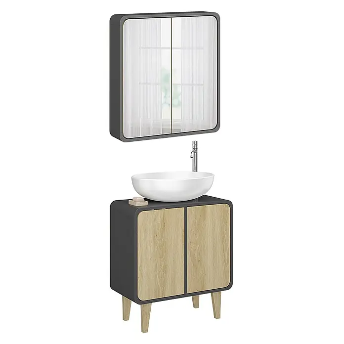 Vicco Badmöbel-Set Arla, Anthrazit/Eiche 60 cm -  - Modernes Badezimmerset in Dunkelgrau und Holz mit Aufsatzwaschbecken, Chromarmatur und Wandschrank mit Spiegel.