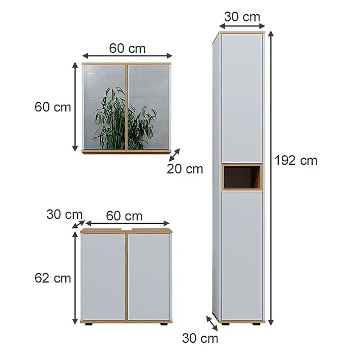 Vicco Badmöbel-Set Didi Weiß/Artisan 3 Teile mit Hochschrank - Gesamtbreite Badmöbel: 90 cm, Weiß, Matt - Dreiteiliges Set aus hellgrauen und holzfarbenen Schränken: Spiegelschrank, Unterschrank und Hochschrank, Bemaßungen angezeigt.