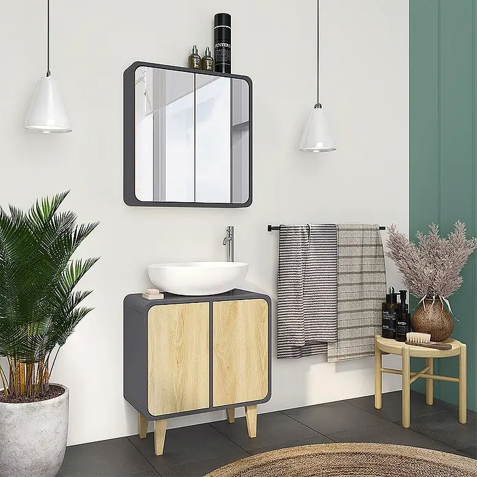 Vicco Badmöbel-Set Arla, Anthrazit/Eiche 60 cm -  - Moderner Badwaschtisch mit grauem Unterschrank und hellen Holztüren, darauf ein weißes Waschbecken. Darüber ein grauer Spiegelschrank.