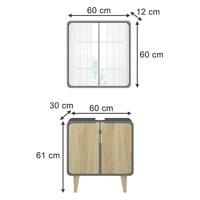 Vicco Badmöbel-Set Arla, Anthrazit/Eiche 60 cm -  - Zwei moderne Schränke: ein Wandschrank (60x60x12 cm, Glastüren) und ein Bodenschrank (60x61x30 cm, Holztüren), beide mit grauem Rahmen.