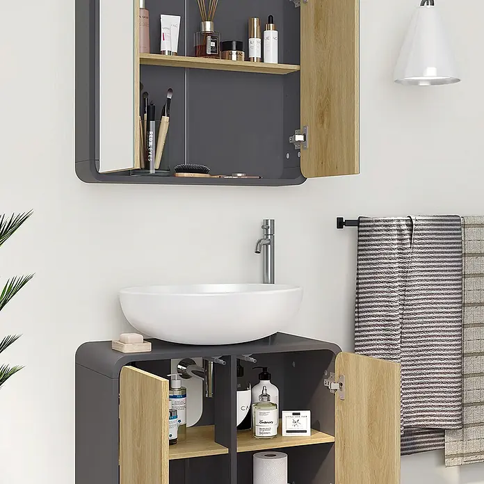 Vicco Badmöbel-Set Arla, Anthrazit/Eiche 60 cm -  - Dunkelgrauer Badunterschrank mit weißem Waschbecken und passendem Spiegelschrank, mit hellen Holztüren.