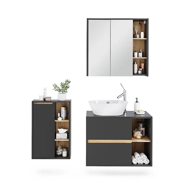Badmöbel-Set Viola 80 cm Grau Art.-Nr. 55226 -  - Dunkelgraues und hölzernes Badmöbel-Set mit Waschtischunterschrank, Aufsatzwaschbecken, Hochschrank und Spiegelschrank.