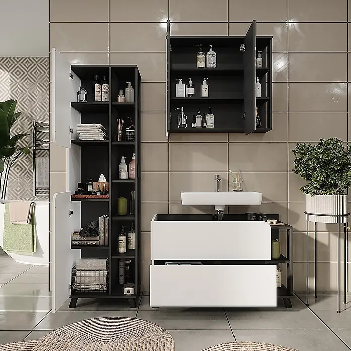 Vicco Badmöbel-Set Karen Weiß/Anthrazit 3 Teile - Weiß, Matt - Moderne Schwarz-Weiß-Badezimmermöbel mit Stauraum für Toilettenartikel und Handtücher.