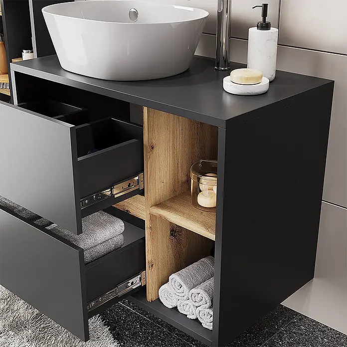 Badmöbel-Set Viola 80 cm Grau Art.-Nr. 55226 -  - Dunkelgrauer Badunterschrank mit weißem Aufsatzwaschbecken, offenen Holzregalen und teils geöffneten Schubladen.