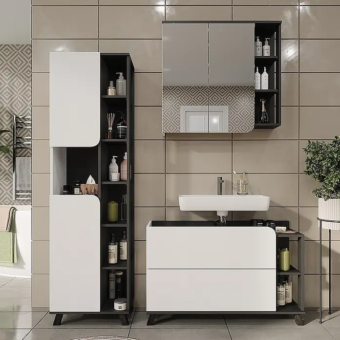 Vicco Badmöbel-Set Karen Weiß/Anthrazit 3 Teile - Weiß, Matt - Modernes dunkelgraues und weißes Badmöbelset mit Hochschrank, Waschtischunterschrank und Spiegelschrank.