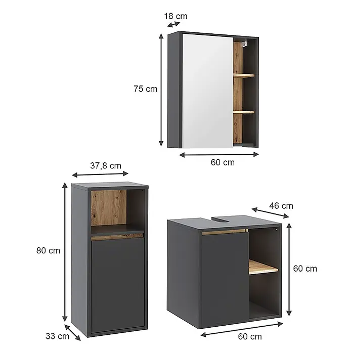 Vicco Badmöbel-Set Viola Grau/Artisan 3 Teile - Grau, Matt - Drei dunkelgraue Badschränke mit hellen Holzdetails: ein Spiegelschrank, ein Hochschrank und ein Waschtischunterschrank.
