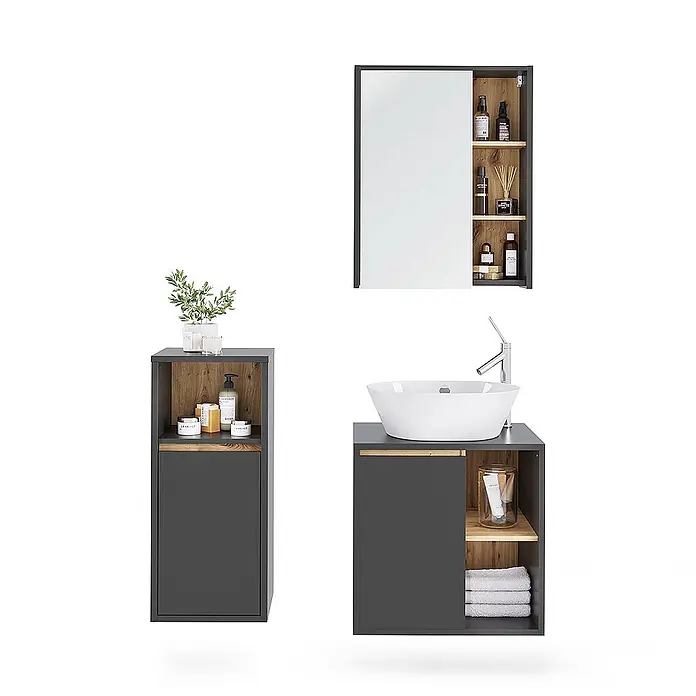 Vicco Badmöbel-Set Viola Grau/Artisan 3 Teile - Grau, Matt - Modernes Badmöbelset in Dunkelgrau und Naturholz: Spiegelschrank, Waschtisch mit Aufsatzbecken und Hochschrank.