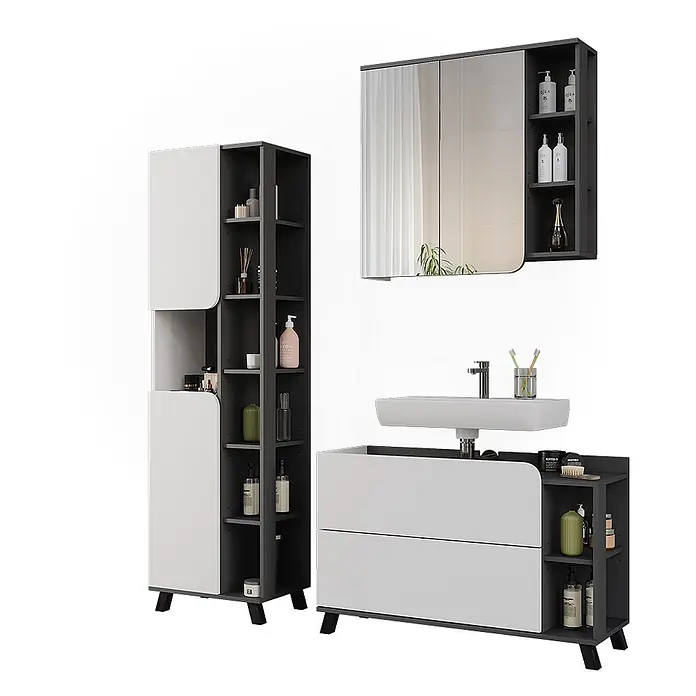 Vicco Badmöbel-Set Karen Weiß/Anthrazit 3 Teile - Weiß, Matt - Modernes weiß-dunkelgraues Badmöbelset mit Waschbeckenunterschrank, hohem Stauraumschrank und Spiegelschrank, inklusive Schubladen und offenen Regalen.