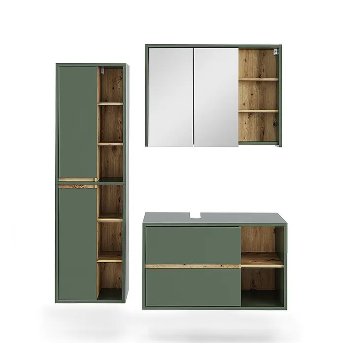 Vicco Badmöbel-Set Viola Grün/Artisan 3 Teile - Grün, Matt - Grünes Badmöbel-Set mit Naturholzdetails: Hochschrank, Waschtischunterschrank und Spiegelschrank.