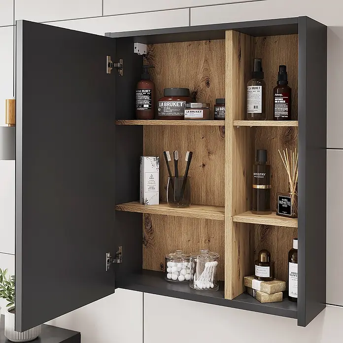 Vicco Badmöbel-Set Viola Grau/Artisan 3 Teile - Grau, Matt - Dunkelgrauer Wandschrank mit Holz-Inneneinrichtung, geöffnet und mit Badezimmerartikeln gefüllt.