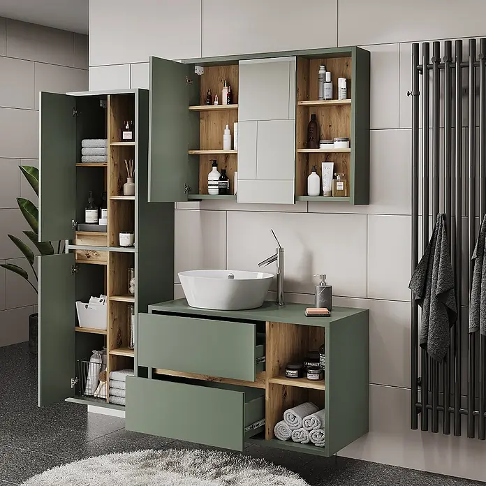 Vicco Badmöbel-Set Viola Grün/Artisan 3 Teile - Grün, Matt - Modernes salbeigrünes Badmöbel-Set mit Holzoptik-Innenausstattung, Waschtisch mit weißem Waschbecken und Hochschrank.