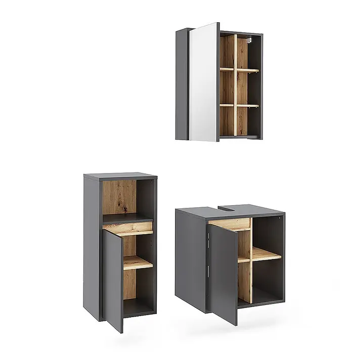 Vicco Badmöbel-Set Viola Grau/Artisan 3 Teile - Grau, Matt - Dunkelgraues Badmöbel-Set mit Eichenholzoptik-Innenausstattung, Spiegelschrank, Hochschrank und Waschtischunterschrank.
