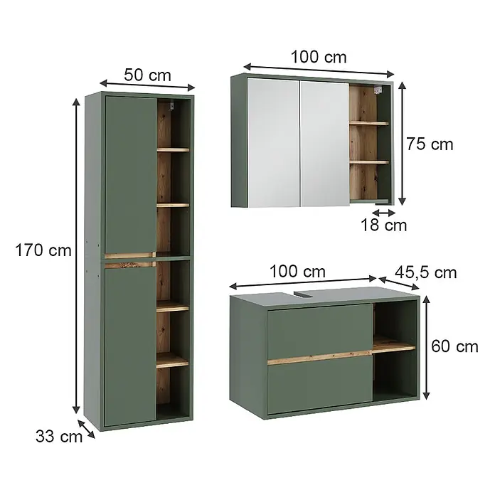 Vicco Badmöbel-Set Viola Grün/Artisan 3 Teile - Grün, Matt - Dunkelgrünes Badmöbelset mit Holzdetails: Hochschrank, Spiegelschrank und Waschtischunterschrank mit Aussparung.