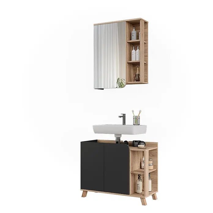Vicco Badmöbel-Set Karen Sonoma/Anthrazit 2 Teile - Sonoma, Matt - Modernes Badezimmerwaschtisch-Set mit weißem Waschbecken, hellem Holzrahmen, schwarzen Türen und passendem Spiegelschrank.