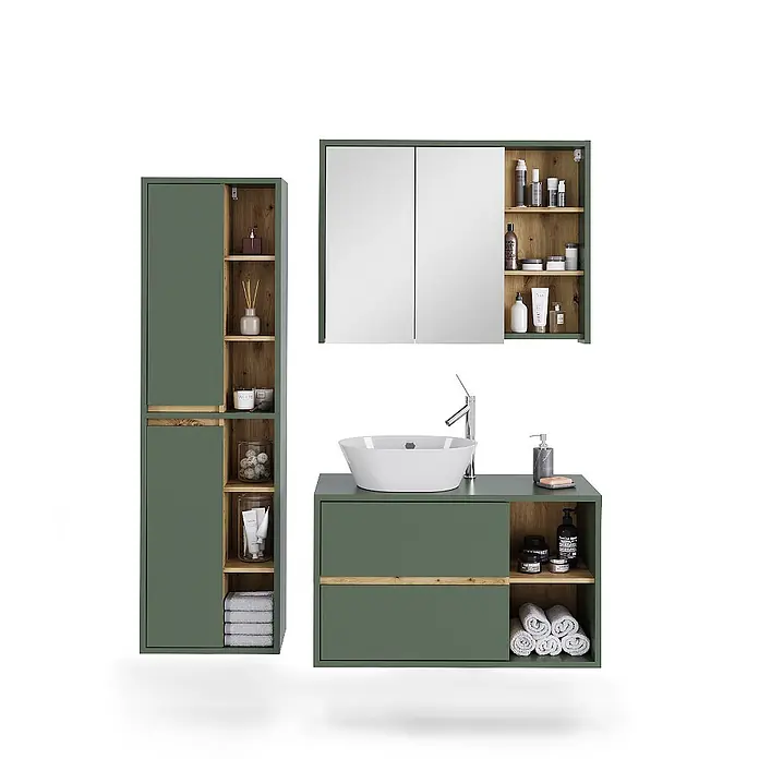 Vicco Badmöbel-Set Viola Grün/Artisan 3 Teile - Grün, Matt - Dunkelgrüne Badmöbelgarnitur mit Holz-Akzenten: Hochschrank, Spiegelschrank und Waschtischunterschrank mit Waschbecken.