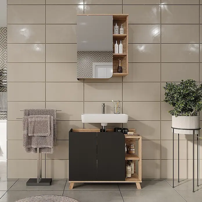 Vicco Badmöbel-Set Karen Sonoma/Anthrazit 2 Teile - Sonoma, Matt - Schwarzer und Holz-Waschtischunterschrank mit weißem Waschbecken und passendem Spiegelschrank in modernem Bad.