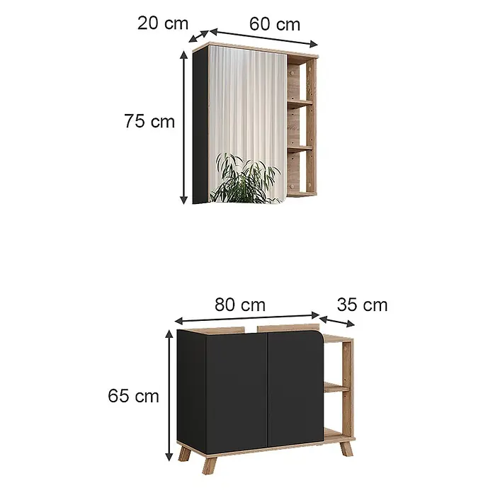 Vicco Badmöbel-Set Karen Sonoma/Anthrazit 2 Teile - Sonoma, Matt - Schwarzes und Eichenholz-Flurmöbel-Set mit Wandspiegel-Schrank mit Regalen und stehendem Aufbewahrungsschrank.