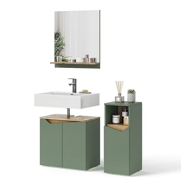 Vicco Badmöbel-Set Marelle, Grün/Artisan-Eiche 60 cm -  - Grünes Badezimmer-Waschtisch-Set mit weißem Waschbecken, Holzplatte und Ablage, Wandspiegel und passendem Hochschrank.