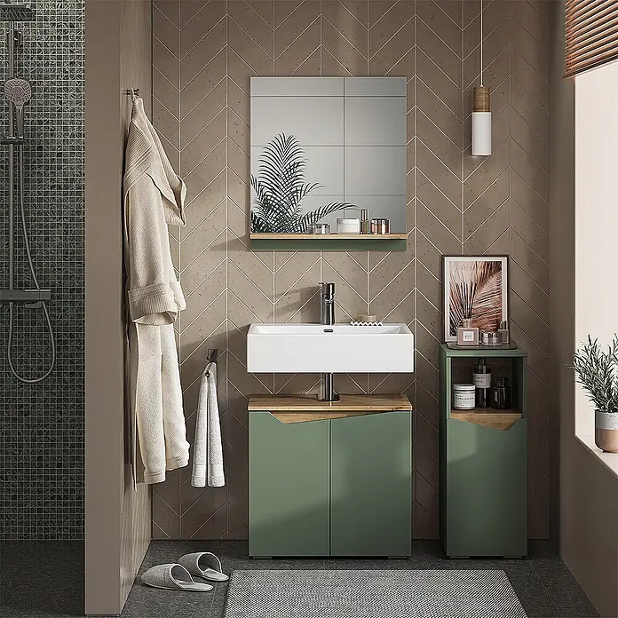 Vicco Badmöbel-Set Marelle, Grün/Artisan-Eiche 60 cm -  - Grüner Badezimmerschrank mit weißem Waschbecken und passendem Hochschrank, beide mit natürlichen Holzdetails.