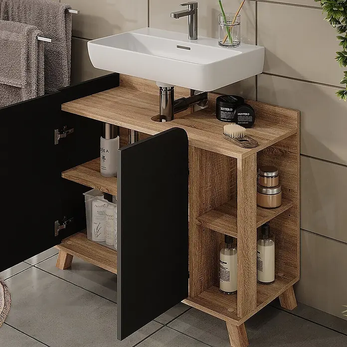 Vicco Badmöbel-Set Karen Sonoma/Anthrazit 2 Teile - Sonoma, Matt - Hölzerner Badezimmerschrank mit weißem Waschbecken, schwarzer Tür und offenen Ablagen für Toilettenartikel.