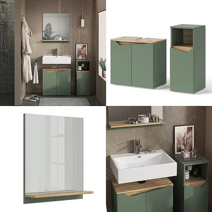 Vicco Badmöbel-Set Marelle, Grün/Artisan-Eiche 60 cm -  - Grüner Badunterschrank mit integriertem Waschbecken, Holzdetails und passendem Hochschrank im modernen Bad.