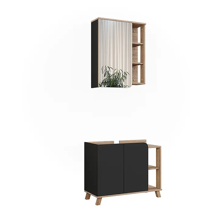 Vicco Badmöbel-Set Karen Sonoma/Anthrazit 2 Teile - Sonoma, Matt - Badezimmerset in Schwarz und Holzoptik: ein Wandspiegelschrank mit Regalen und ein Bodenschrank mit Türen und Regalen.