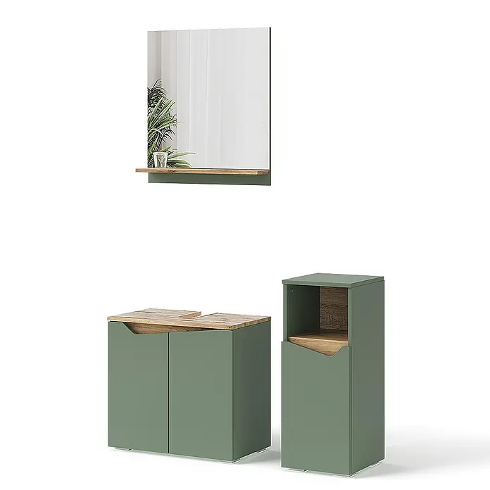 Vicco Badmöbel-Set Marelle, Grün/Artisan-Eiche 60 cm -  - Olivegrüne Badmöbel mit Holzoptik-Oberflächen: Spiegel, Waschtischunterschrank, Hochschrank.