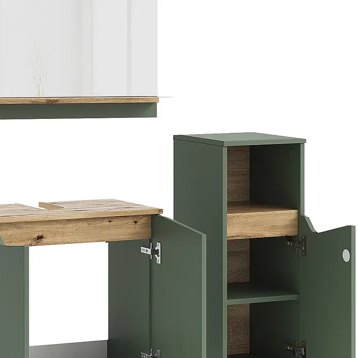 Vicco Badmöbel-Set Marelle, Grün/Artisan-Eiche 60 cm -  - Modulares Badezimmermöbel-Set in Dunkelgrün und Holz mit Spiegel, offenen Regalen und Schränken.