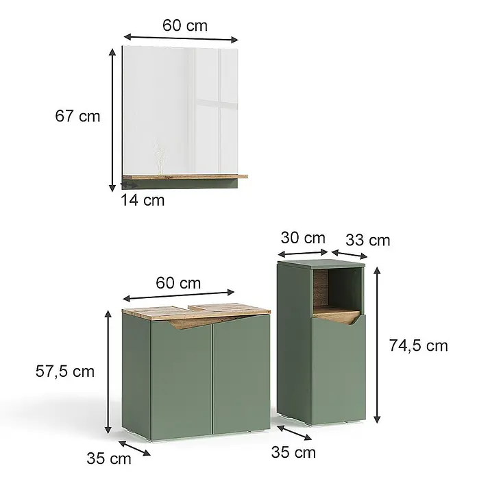 Vicco Badmöbel-Set Marelle, Grün/Artisan-Eiche 60 cm -  - Grünes Badmöbel-Set mit Spiegel, Waschtischunterschrank und Hochschrank, mit Holzdetails.