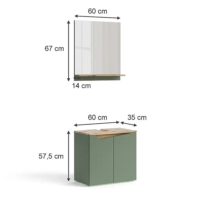 Vicco Badmöbel-Set Marelle Grün/Artisan 2 Teile - Grün, Matt - Rechteckiger Badezimmerspiegel mit Holzablage und einem zweitürigen salbeigrünen Waschtischunterschrank mit Holzplatte.