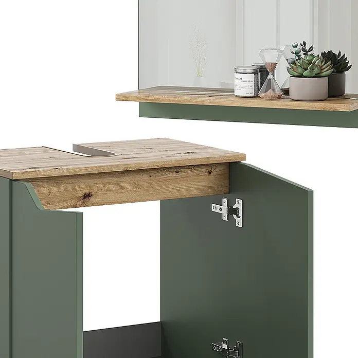 Vicco Badmöbel-Set Marelle Grün/Artisan 2 Teile - Grün, Matt - Dunkelgrüner Badezimmerunterschrank mit heller Holzplatte und passendem Wandregal.