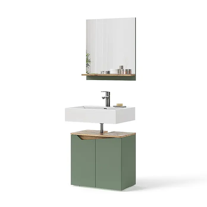 Vicco Badmöbel-Set Marelle Grün/Artisan 2 Teile - Grün, Matt - Grüner Badezimmerschrank mit Holzplatte, weißem Waschbecken, Chromarmatur und passendem rechteckigen Spiegel mit Holzablage.