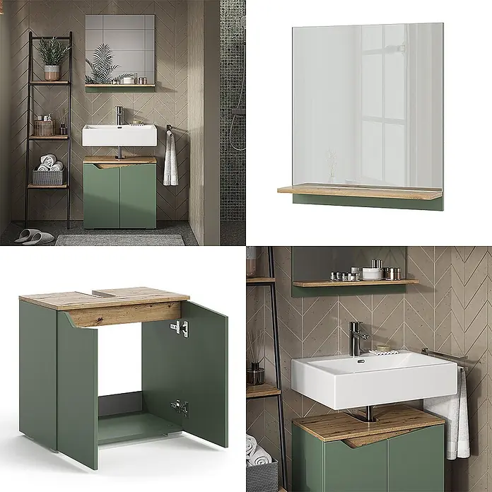 Vicco Badmöbel-Set Marelle Grün/Artisan 2 Teile - Grün, Matt - Grüner Badezimmerschrank mit Holzplatte, weißem Waschbecken und passendem Spiegel mit Ablage, in einem modernen Bad.