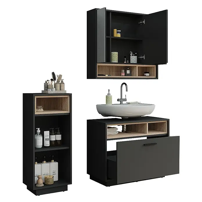 Vicco Badmöbel-Set Beatrice Anthrazit/Sonoma 3 Teile mit Midischrank - Anthrazit, Matt - Modernes Badezimmermöbel-Set in Schwarz und heller Holzoptik, inkl. Wandschrank, Hochschrank und Waschtischunterschrank mit Waschbecken.